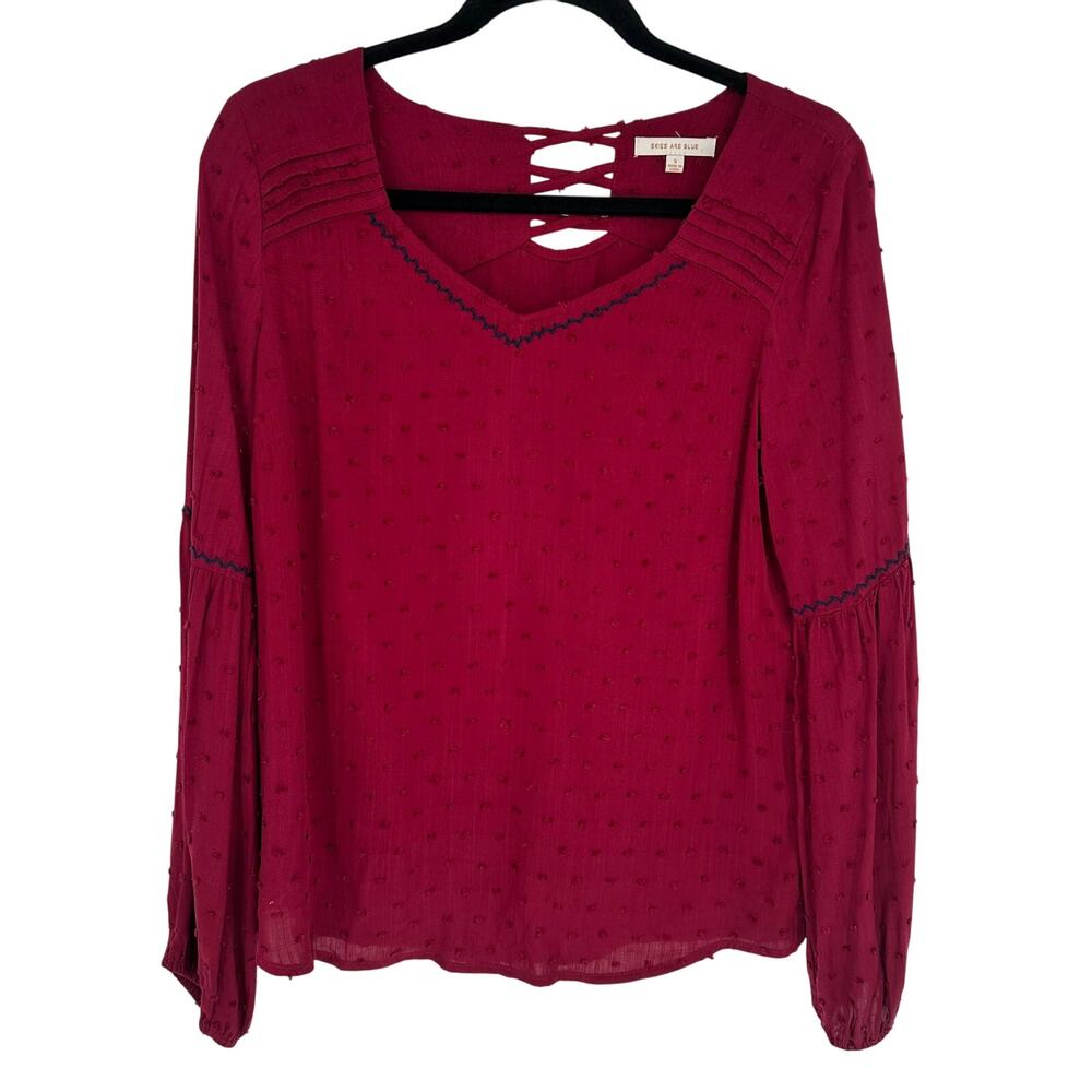 Skies Are Blue Red Long Balloon Sleeve Blouse Red Trim V Neck Peasant Casual S